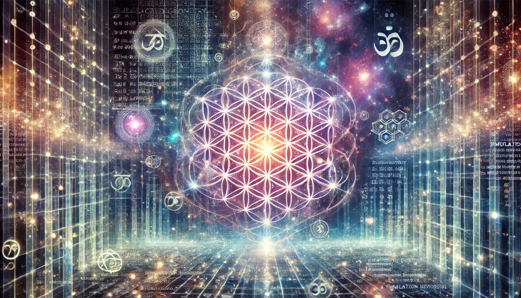 A visual representation of the convergence of spirituality and the simulation hypothesis. Sacred geometry patterns (such as the Flower of Life)