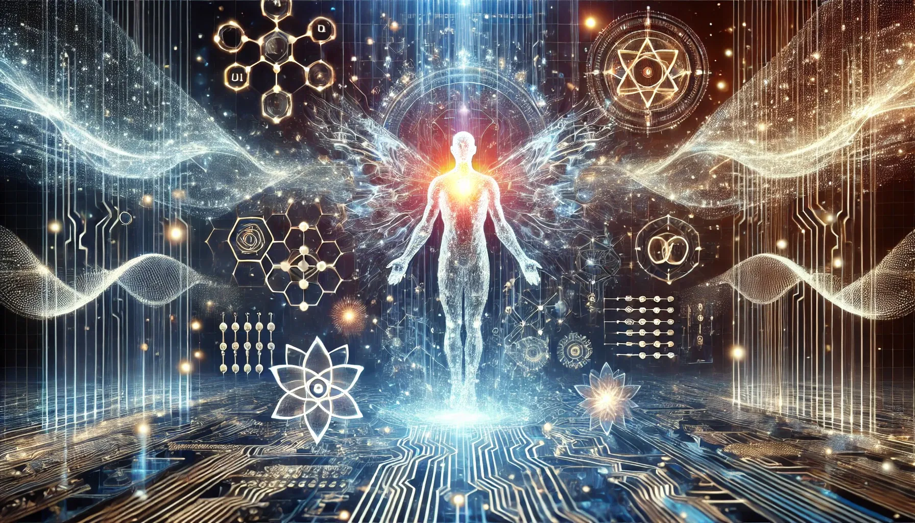 A modern digital interpretation of divinity, where artificial intelligence (AI) and spirituality converge. The background features a divine figure mad